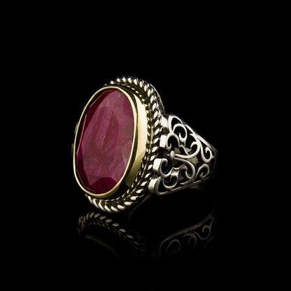 Zyan Gems | Unique Designed Turkish Style Heavy Ring with Natural Red Ruby |  Gold Micron Plated  Sterling Silver Oxidized Ring