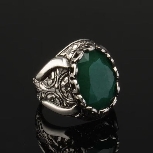 Zyan Gems | Unique Designed Turkish Style Ring with Emerald |  Sterling Silver Oxidized Ring