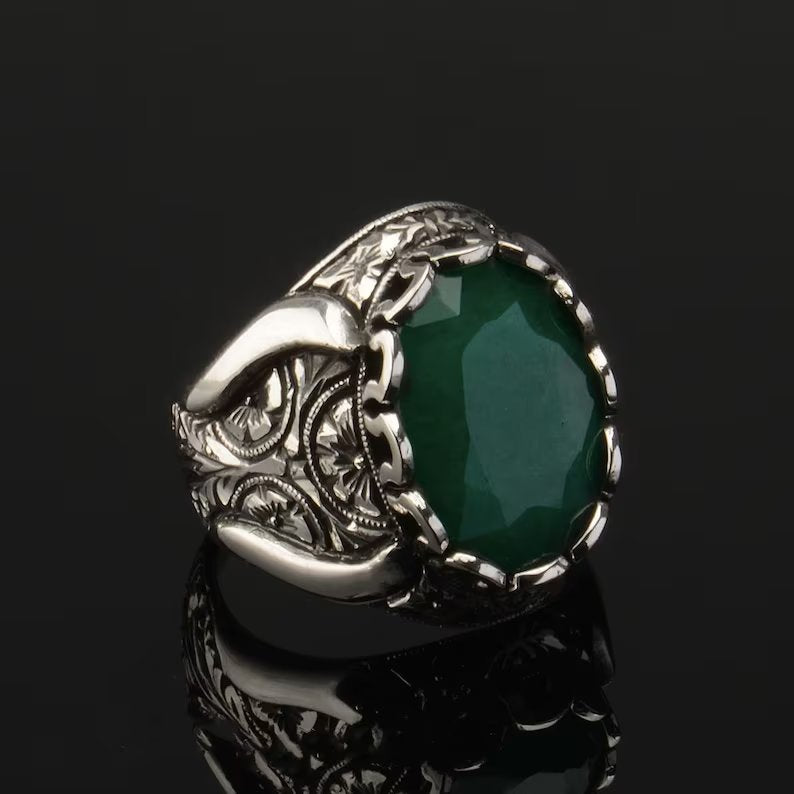 Zyan Gems | Unique Designed Turkish Style Ring with Emerald |  Sterling Silver Oxidized Ring