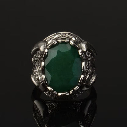 Zyan Gems | Unique Designed Turkish Style Ring with Emerald |  Sterling Silver Oxidized Ring
