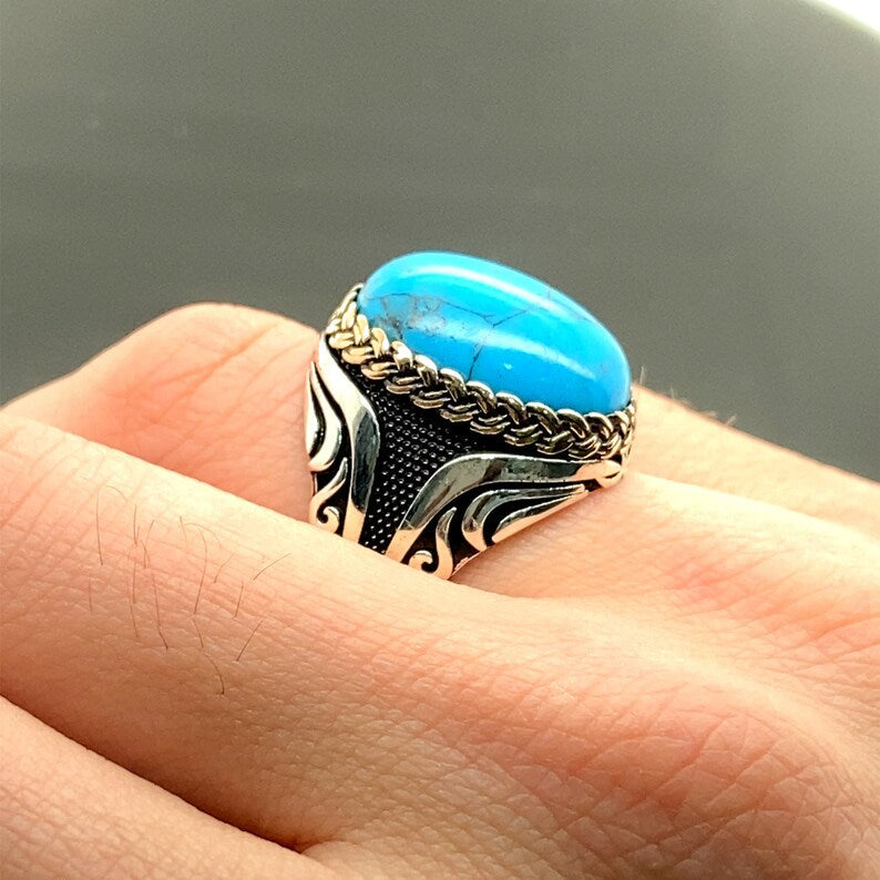 Zyan Gems | Unique Designed Turkish Style Ring with Natural IraniTurquoise (Firoza) |  Sterling Silver Oxidized Ring