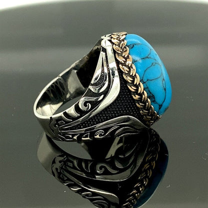 Zyan Gems | Unique Designed Turkish Style Ring with Natural IraniTurquoise (Firoza) |  Sterling Silver Oxidized Ring