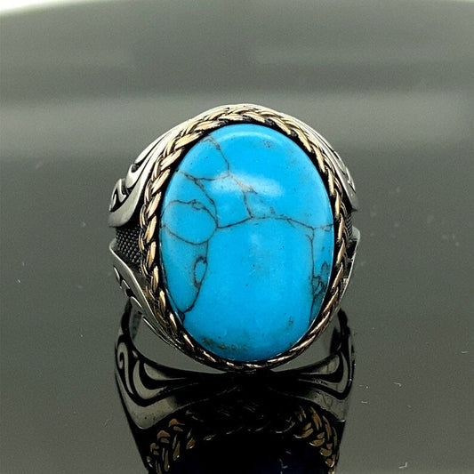 Zyan Gems | Unique Designed Turkish Style Ring with Natural IraniTurquoise (Firoza) |  Sterling Silver Oxidized Ring
