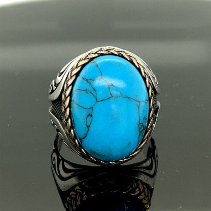 Zyan Gems | Unique Designed Turkish Style Ring with Natural IraniTurquoise (Firoza) |  Sterling Silver Oxidized Ring