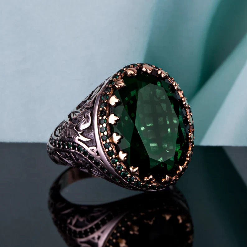Unique Designed Turkish Style Ring with Natural Emerald |  Sterling Silver Oxidized Ring