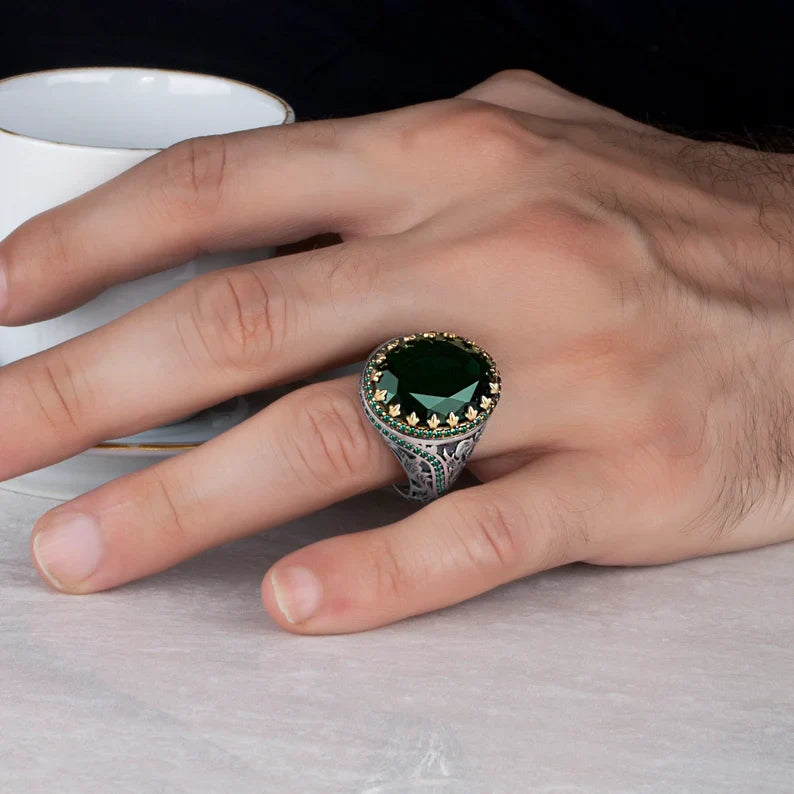 Unique Designed Turkish Style Ring with Natural Emerald |  Sterling Silver Oxidized Ring