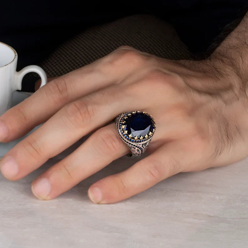 Zyan Gems | Unique Turkish Style Ring with Blue S Sapphire |  Sterling Silver Oxidized Ring