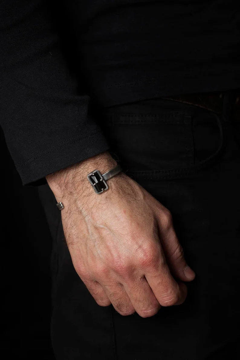 Zyan Gems |  Natural Black Onyx Bracelet for Men |  Sterling Silver Bracelet