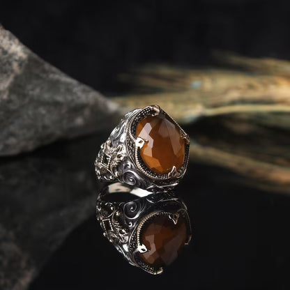Zyan Gems | Unique Designed Turkish Style Ring with Natural Tiger Eye  |  Sterling Silver Oxidized Ring