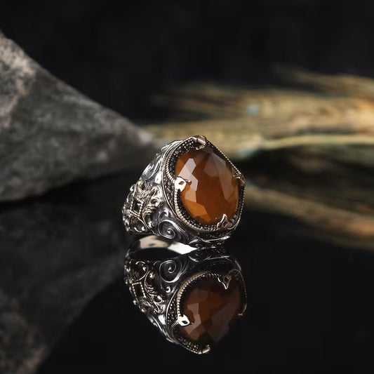 Zyan Gems | Unique Designed Turkish Style Ring with Natural Tiger Eye  |  Sterling Silver Oxidized Ring