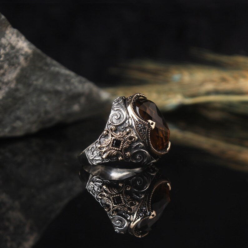 Zyan Gems | Unique Designed Turkish Style Ring with Natural Tiger Eye  |  Sterling Silver Oxidized Ring