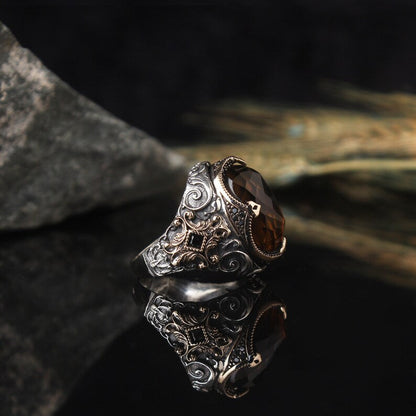 Zyan Gems | Unique Designed Turkish Style Ring with Natural Tiger Eye  |  Sterling Silver Oxidized Ring