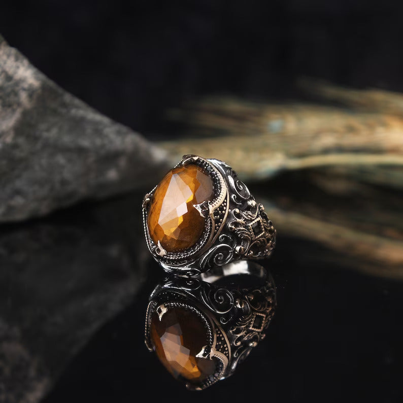 Zyan Gems | Unique Designed Turkish Style Ring with Natural Tiger Eye  |  Sterling Silver Oxidized Ring