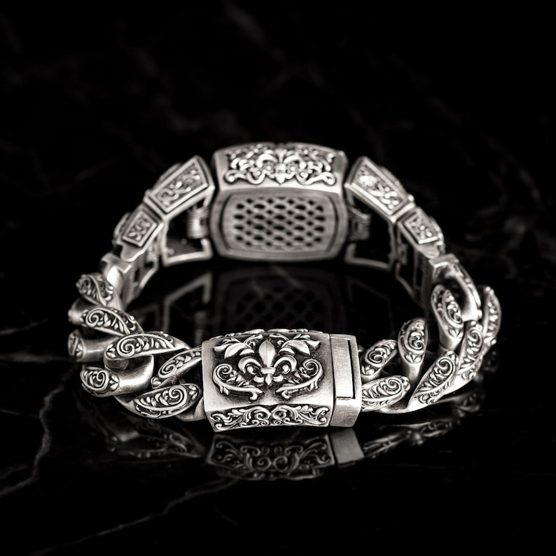 Zyan Gems | 16mm Wide Solid Floral Textured Watch Shape Cross Miami Cuban Link With Artistic Cross Bracelet | Oxidised  Sterling Silver Bracelet