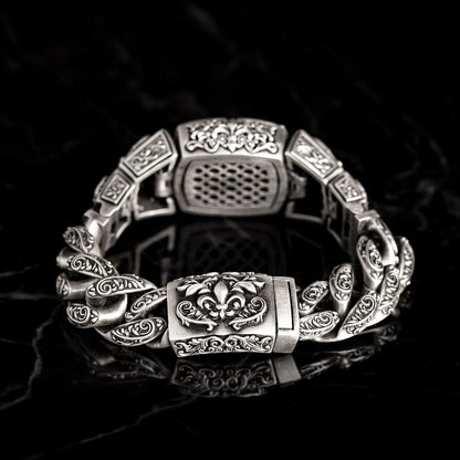 Zyan Gems | 16mm Wide Solid Floral Textured Watch Shape Cross Miami Cuban Link With Artistic Cross Bracelet | Oxidised  Sterling Silver Bracelet