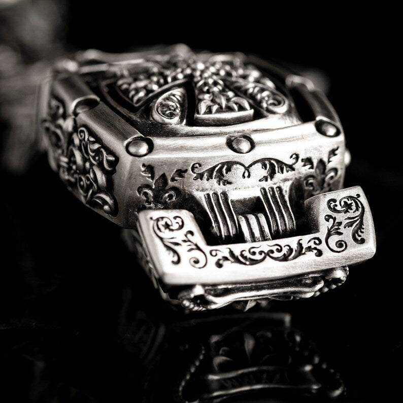 Zyan Gems | 16mm Wide Solid Floral Textured Watch Shape Cross Miami Cuban Link With Artistic Cross Bracelet | Oxidised  Sterling Silver Bracelet