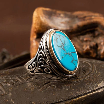 Zyan Gems | Unique Designed Turkish Style Ring with Natural Irani Turquoise (Firoza)|  Sterling Silver Oxidized Ring