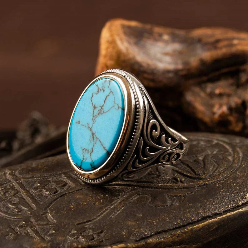 Zyan Gems | Unique Designed Turkish Style Ring with Natural Irani Turquoise (Firoza)|  Sterling Silver Oxidized Ring
