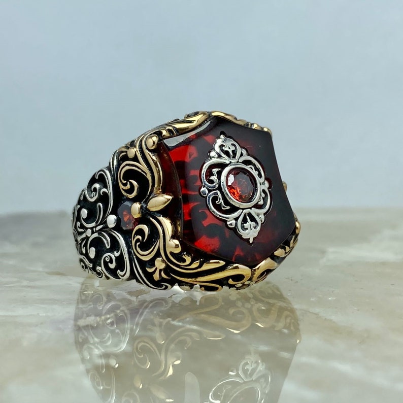 Unique Turkish Style Ring with 8.5 Ct Natural Hessonite (Gomed)|  Sterling Silver Oxidized Ring