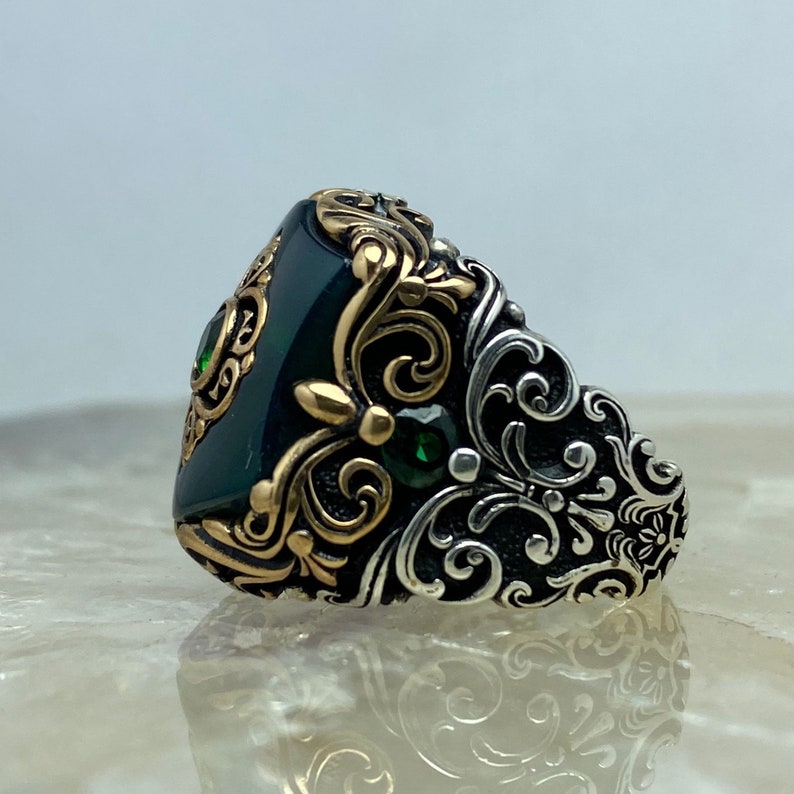 Zyan Gems | Unique Turkish Style Ring with Green Onyx |  Sterling Silver Oxidized Ring