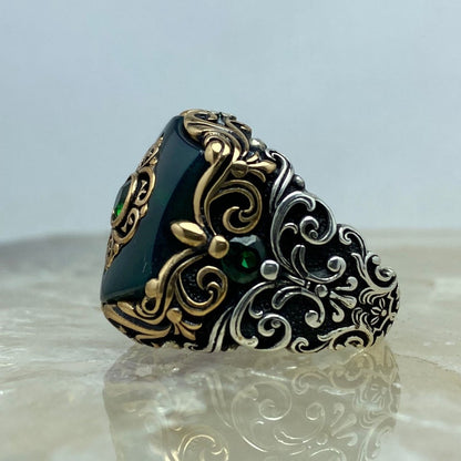 Zyan Gems | Unique Turkish Style Ring with Green Onyx |  Sterling Silver Oxidized Ring