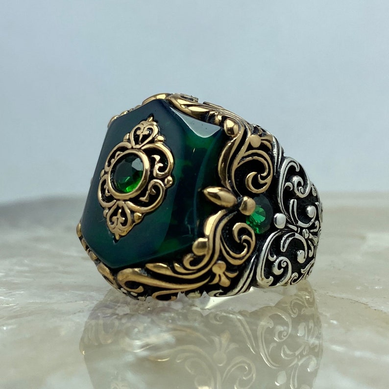 Zyan Gems | Unique Turkish Style Ring with Green Onyx |  Sterling Silver Oxidized Ring