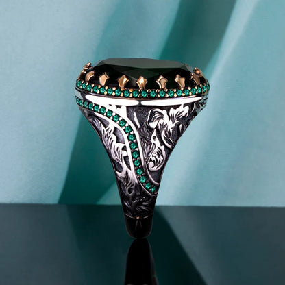 Unique Designed Turkish Style Ring with Natural Emerald |  Sterling Silver Oxidized Ring