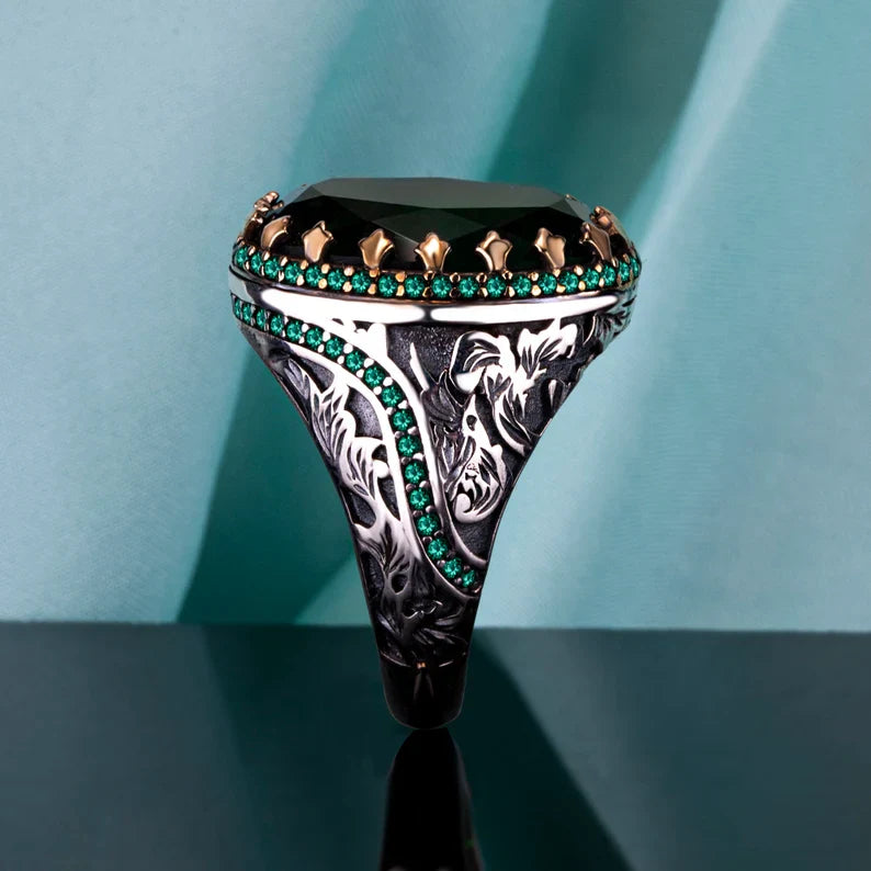 Unique Designed Turkish Style Ring with Natural Emerald |  Sterling Silver Oxidized Ring