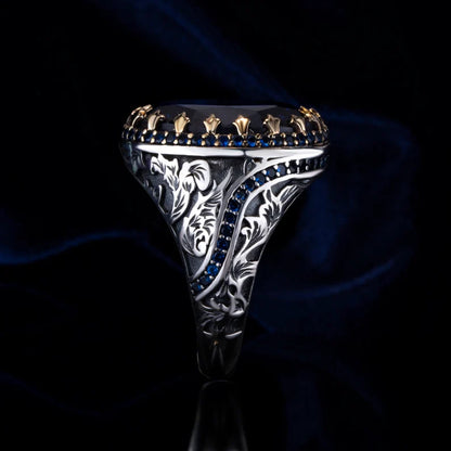 Zyan Gems | Unique Turkish Style Ring with Blue S Sapphire |  Sterling Silver Oxidized Ring