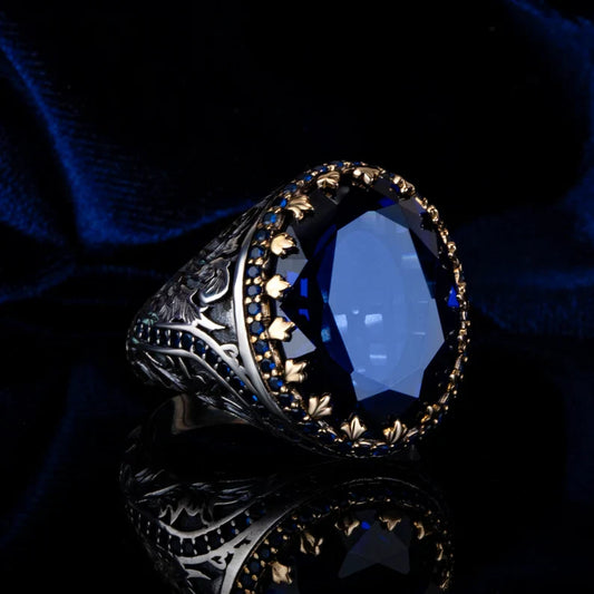 Zyan Gems | Unique Turkish Style Ring with Blue S Sapphire |  Sterling Silver Oxidized Ring