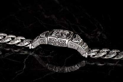 Zyan Gems | 16mm Wide Solid Floral Textured Watch Shape Cross Miami Cuban Link With Artistic Cross Bracelet | Oxidised  Sterling Silver Bracelet