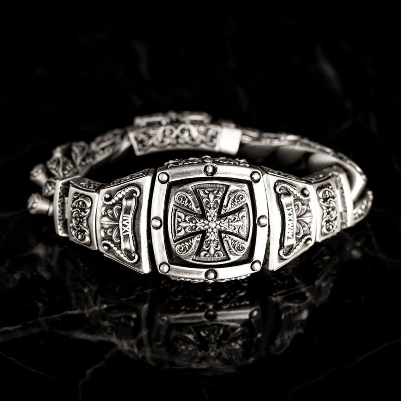 Zyan Gems | 16mm Wide Solid Floral Textured Watch Shape Cross Miami Cuban Link With Artistic Cross Bracelet | Oxidised  Sterling Silver Bracelet