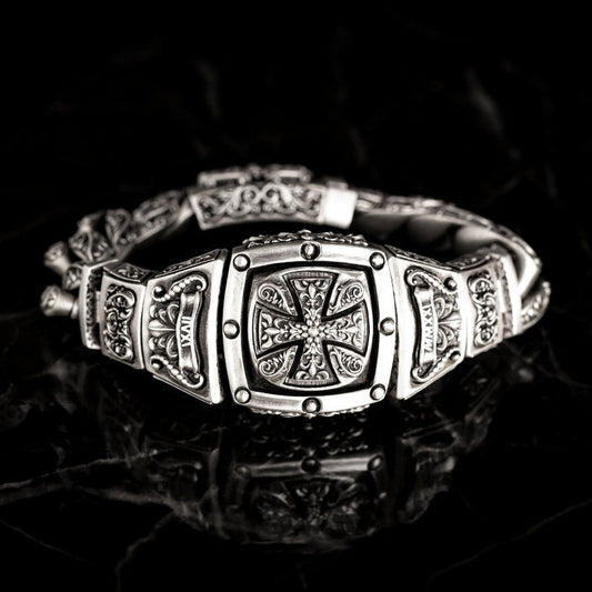Zyan Gems | 16mm Wide Solid Floral Textured Watch Shape Cross Miami Cuban Link With Artistic Cross Bracelet | Oxidised  Sterling Silver Bracelet