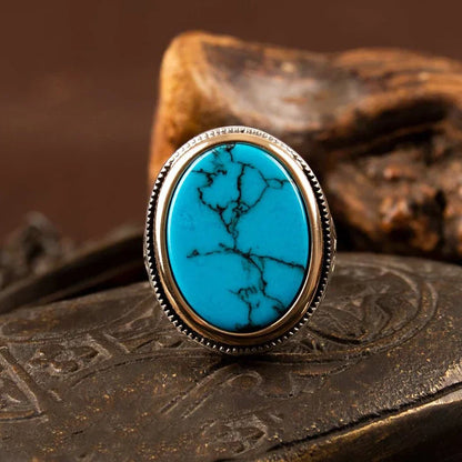 Zyan Gems | Unique Designed Turkish Style Ring with Natural Irani Turquoise (Firoza)|  Sterling Silver Oxidized Ring