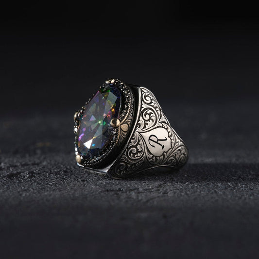 Zyan Gems | Custom Name Initials Turkish Style Ring with Multicolored Alexandrite |  Sterling Silver Oxidized Ring