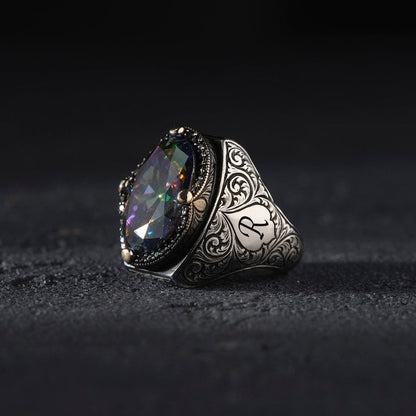 Zyan Gems | Custom Name Initials Turkish Style Ring with Multicolored Alexandrite |  Sterling Silver Oxidized Ring