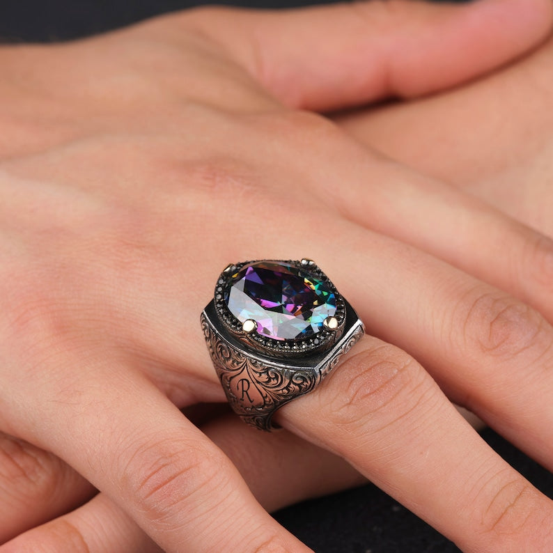 Zyan Gems | Custom Name Initials Turkish Style Ring with Multicolored Alexandrite |  Sterling Silver Oxidized Ring