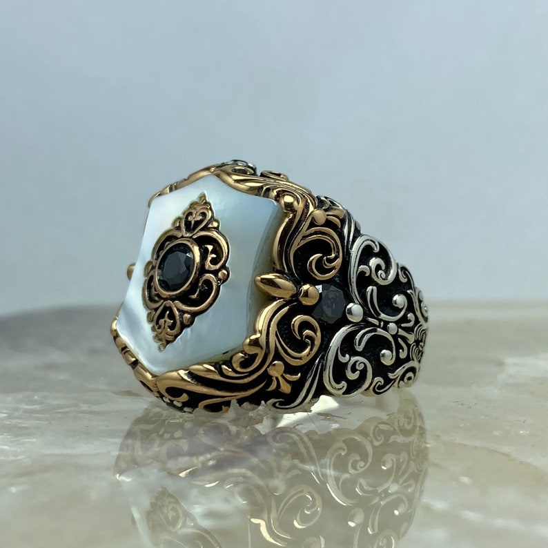 Zyan Gems | Unique Turkish Style Ring with Natural Pearl |  Sterling Silver Oxidized Ring