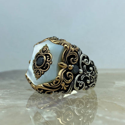 Zyan Gems | Unique Turkish Style Ring with Natural Pearl |  Sterling Silver Oxidized Ring