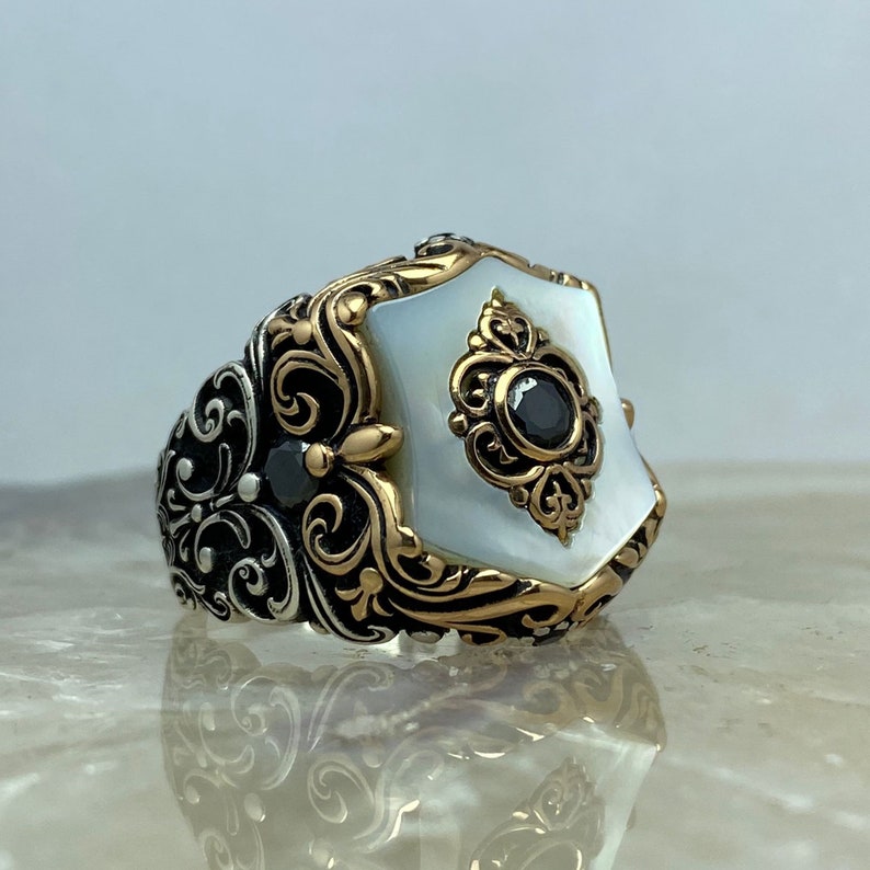 Zyan Gems | Unique Turkish Style Ring with Natural Pearl |  Sterling Silver Oxidized Ring