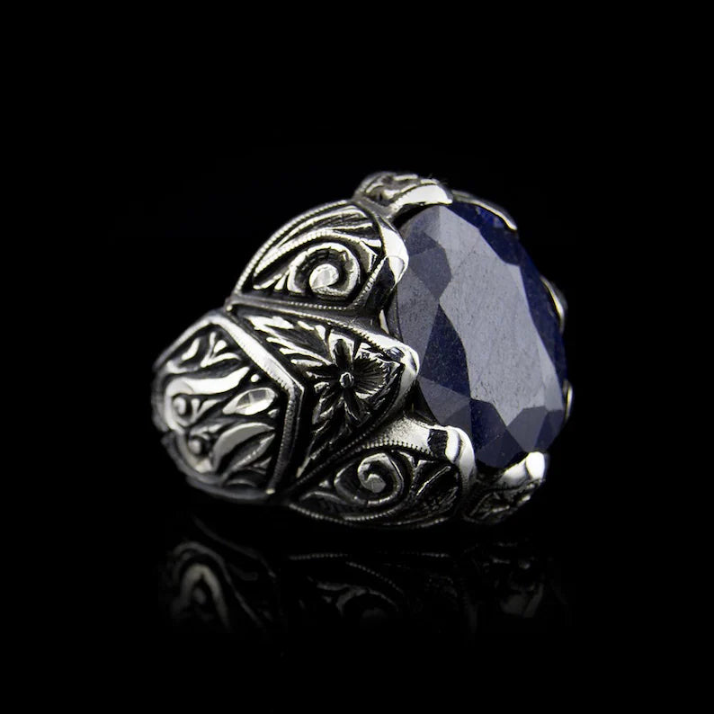 Zyan Gems | Unique Turkish Style Ring with Blue S Sapphire |  Sterling Silver Oxidized Ring