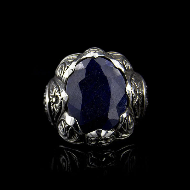 Zyan Gems | Unique Turkish Style Ring with Blue S Sapphire |  Sterling Silver Oxidized Ring