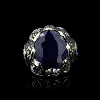 Zyan Gems | Unique Turkish Style Ring with Blue S Sapphire |  Sterling Silver Oxidized Ring