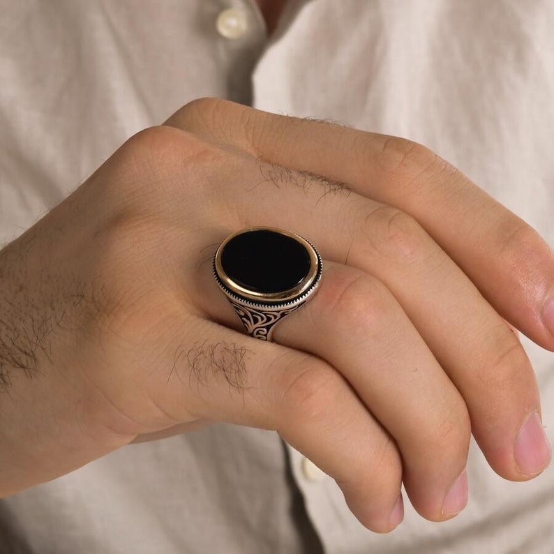 Zyan Gems | Unique Turkish Style Ring with Natural Black Onyx  |  Sterling Silver Oxidized Ring