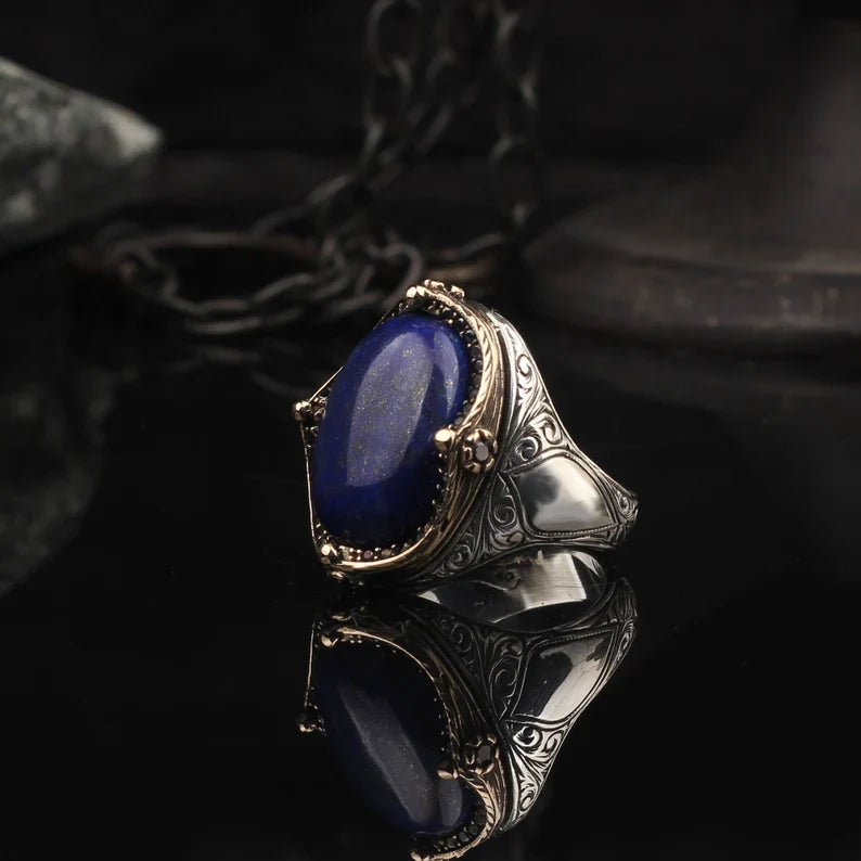 Zyan Gems | Unique Turkish Style Ring with Natural Blue Lapis Lazuli |  Sterling Silver Oxidized Ring