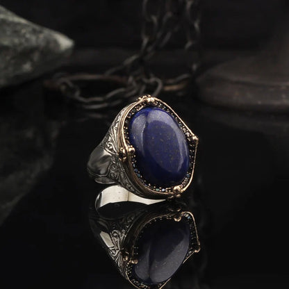 Zyan Gems | Unique Turkish Style Ring with Natural Blue Lapis Lazuli |  Sterling Silver Oxidized Ring