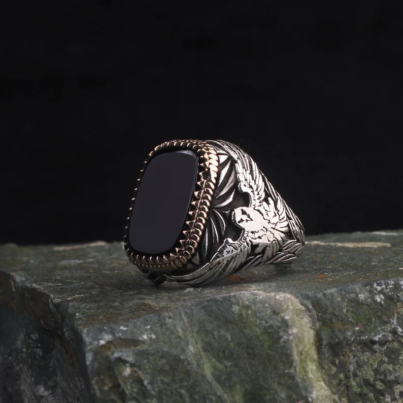 Zyan Gems | Unique  Eagle Designed Turkish Style Ring with Natural Black Onyx | Black Rhodium & Gold Plated  Sterling Silver Ring