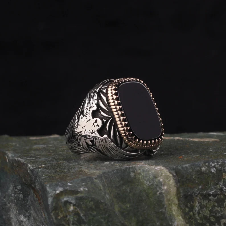 Zyan Gems | Unique  Eagle Designed Turkish Style Ring with Natural Black Onyx | Black Rhodium & Gold Plated  Sterling Silver Ring