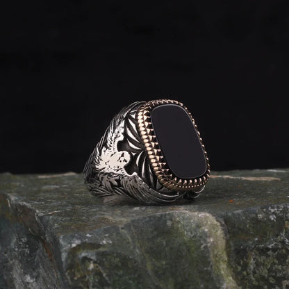 Zyan Gems | Unique  Eagle Designed Turkish Style Ring with Natural Black Onyx | Black Rhodium & Gold Plated  Sterling Silver Ring