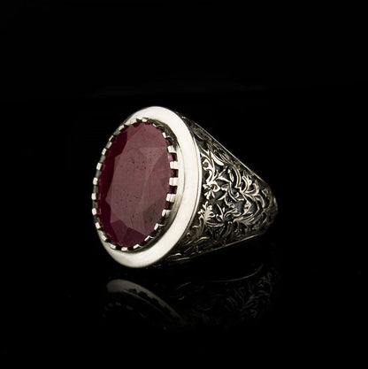 Zyan Gems | Unique Designed Turkish Style Heavy Ring with Natural Red Ruby GOLD PLATED Micron Plated 925 Sterling Silver Oxidized Ring Jewelry Authenticity and 925